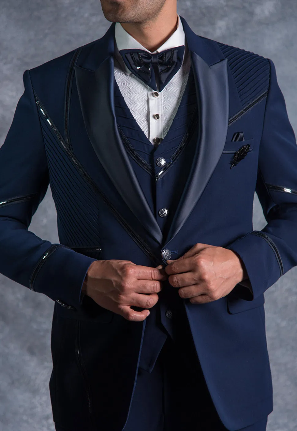 Contrast Trims Pure Terry Rayon Tuxedo Set in Navy Blue