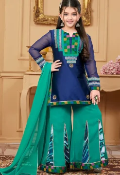 Contrast Yoke Taffeta Silk Pakistani Suit in Navy Blue