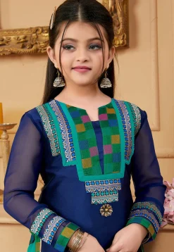 Contrast Yoke Taffeta Silk Pakistani Suit in Navy Blue