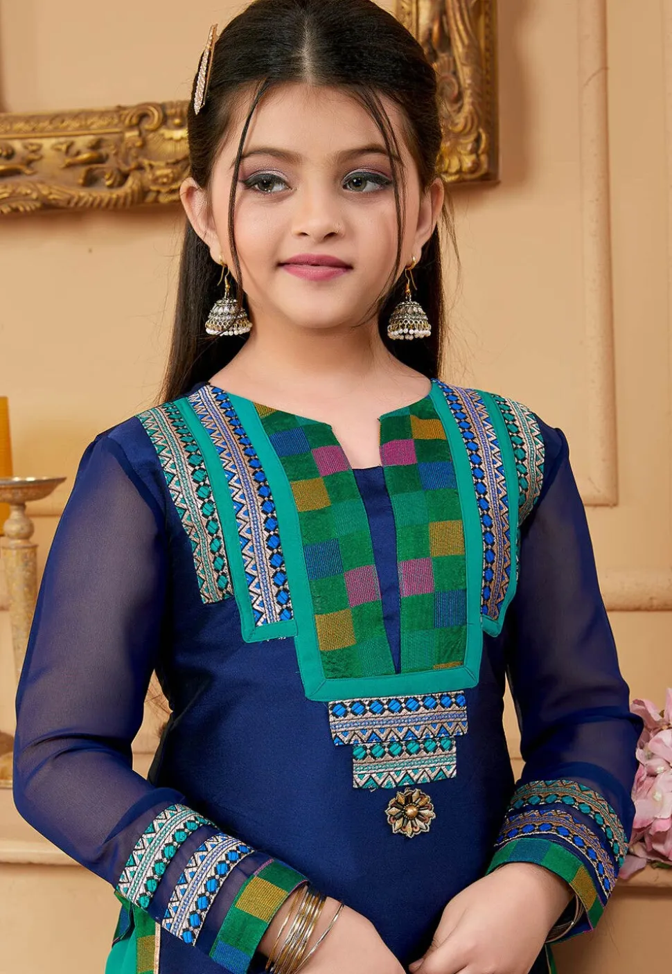 Contrast Yoke Taffeta Silk Pakistani Suit in Navy Blue
