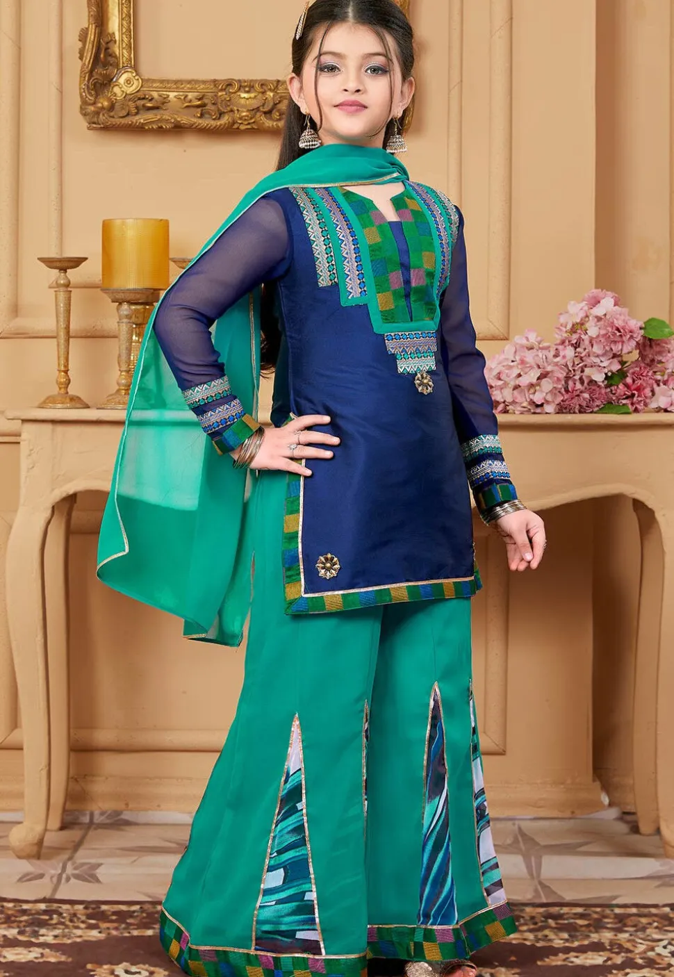 Contrast Yoke Taffeta Silk Pakistani Suit in Navy Blue