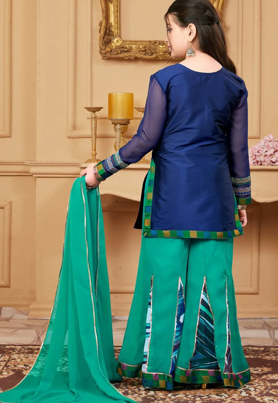 Contrast Yoke Taffeta Silk Pakistani Suit in Navy Blue