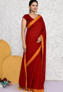Contrat Border Cotton Saree in Red