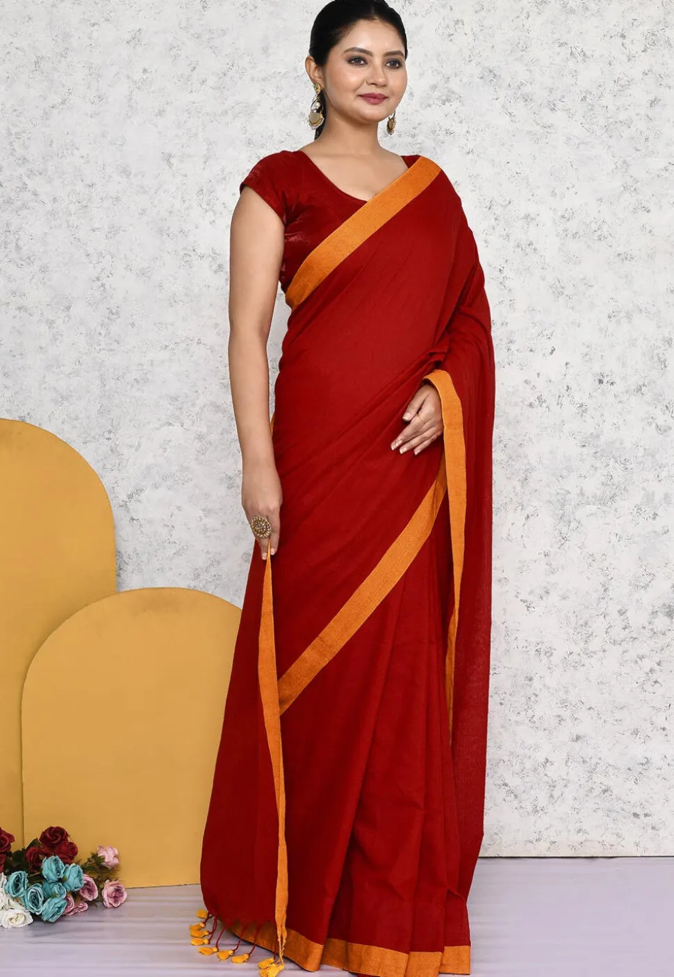 Contrat Border Cotton Saree in Red
