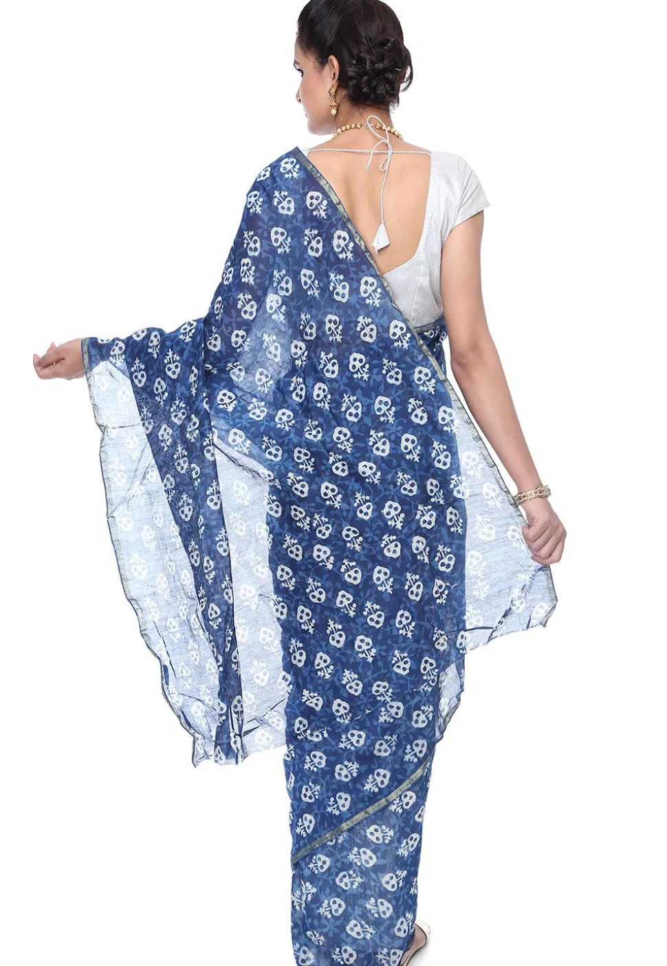 Dabu Printed Chanderi Cotton Saree in Indigo Blue