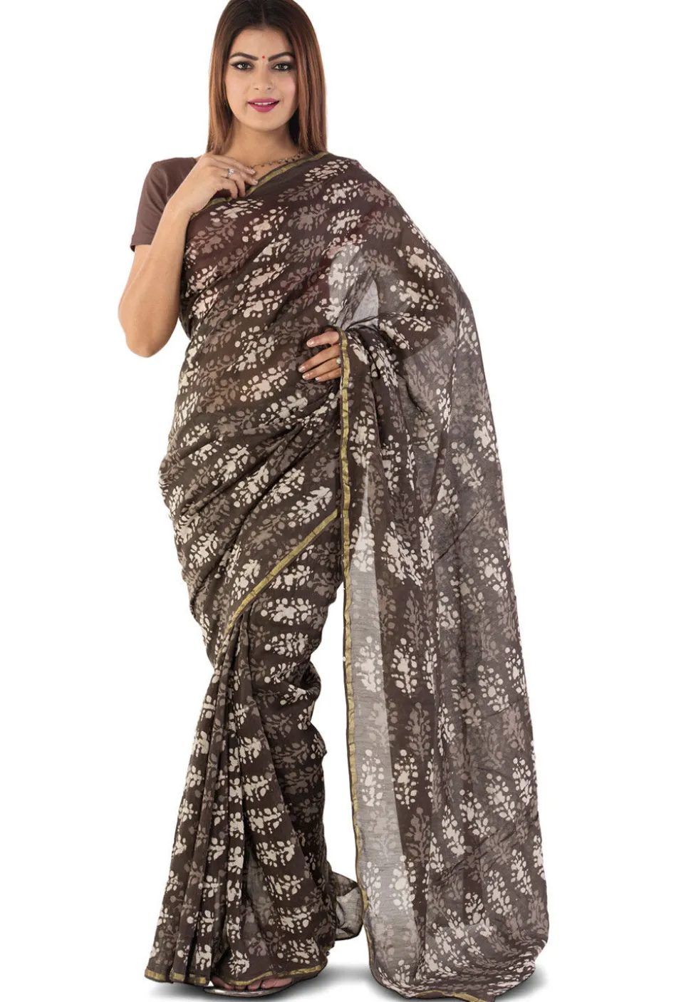 Dabu Printed Chanderi Cotton Saree in Brown