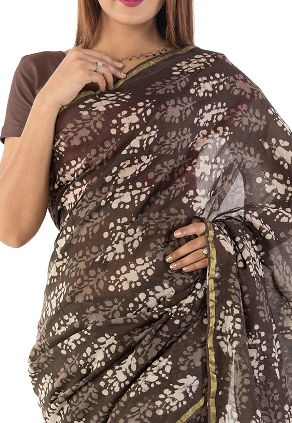 Dabu Printed Chanderi Cotton Saree in Brown