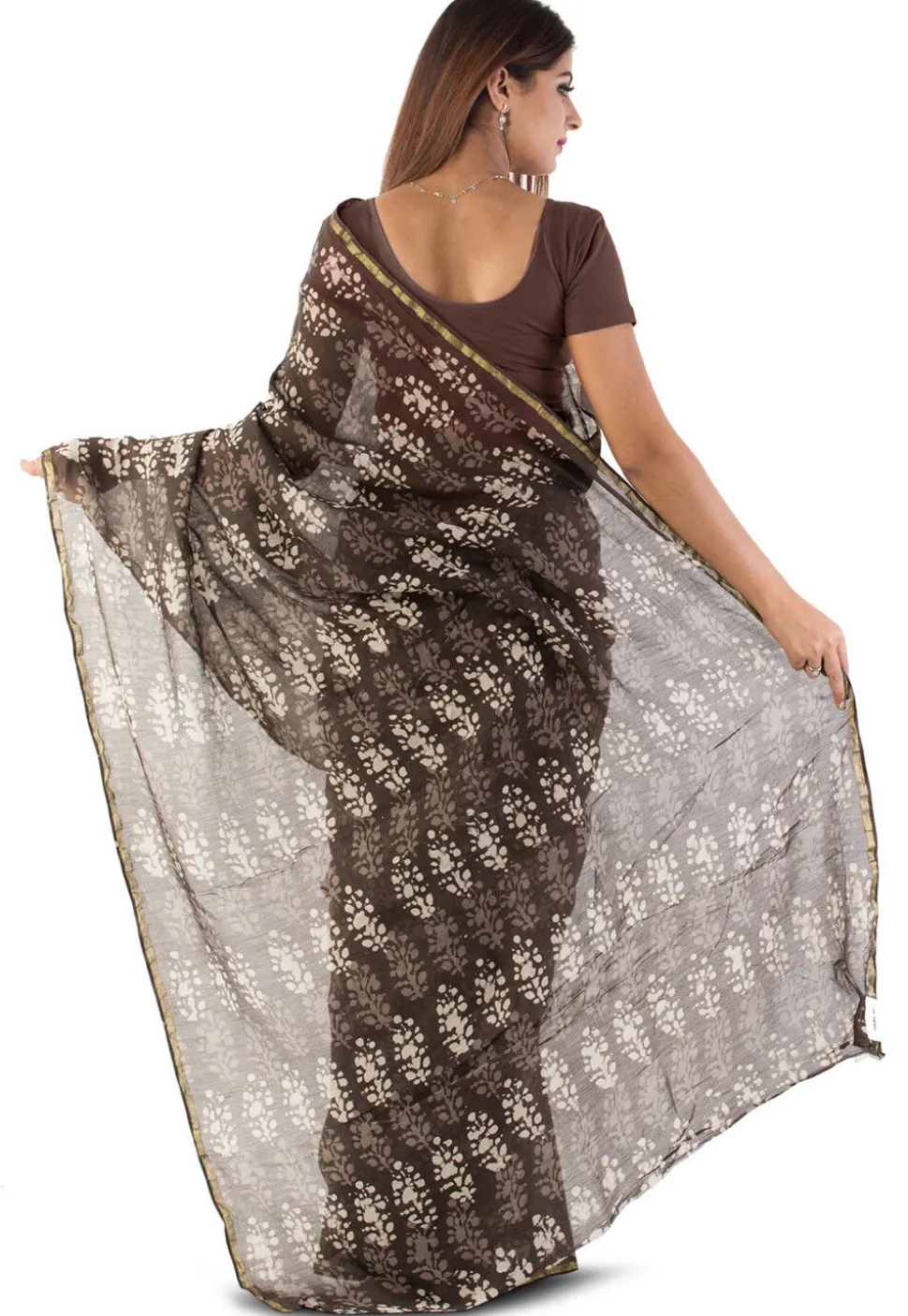 Dabu Printed Chanderi Cotton Saree in Brown