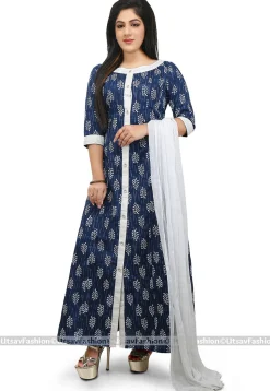 Dabu Printed Cotton A Line Suit in Indigo