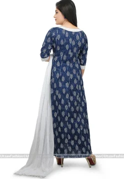 Dabu Printed Cotton A Line Suit in Indigo