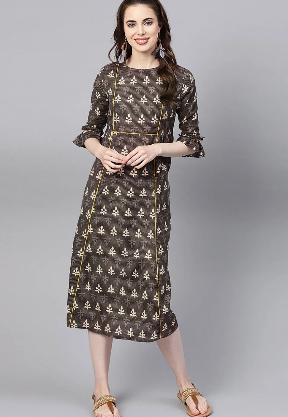 Dabu Printed Cotton A Line Kurta in Brown