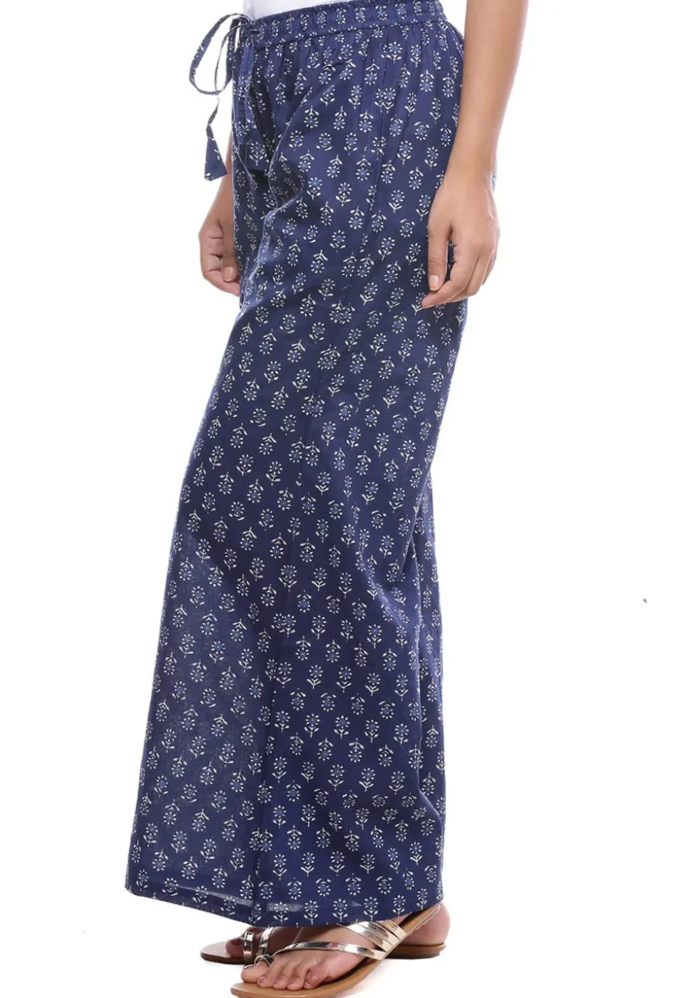 Dabu Printed Cotton Flared Palazzo in Navy Blue