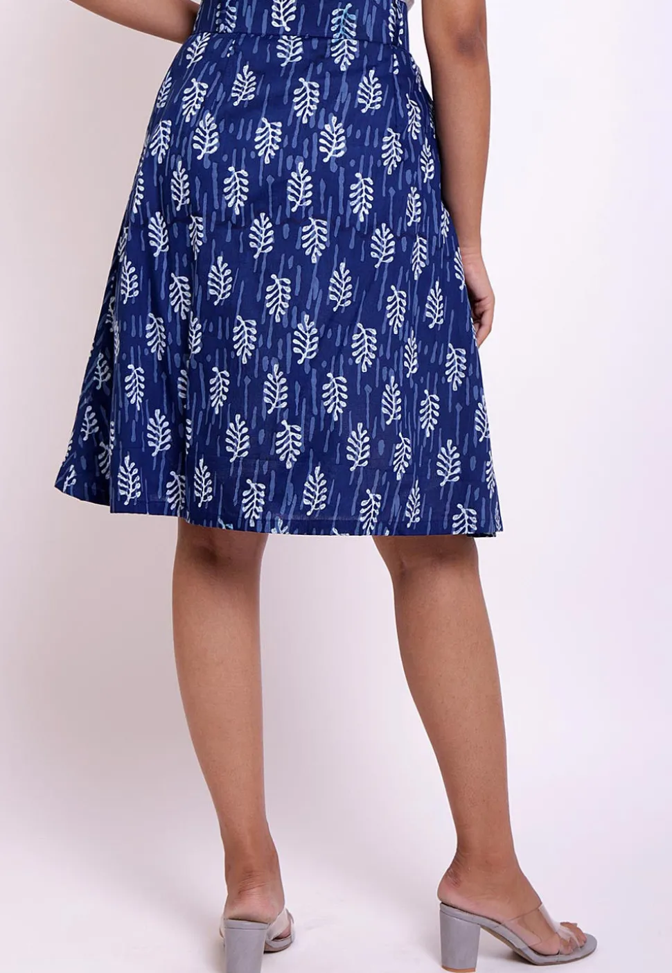 Dabu Printed Cotton Front Open Skirt in Indigo Blue