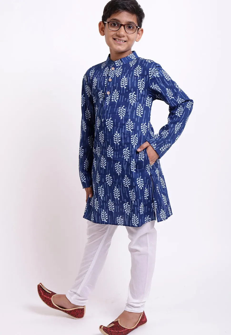 Dabu Printed Cotton Kurta Set in Indigo Blue