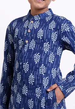 Dabu Printed Cotton Kurta Set in Indigo Blue