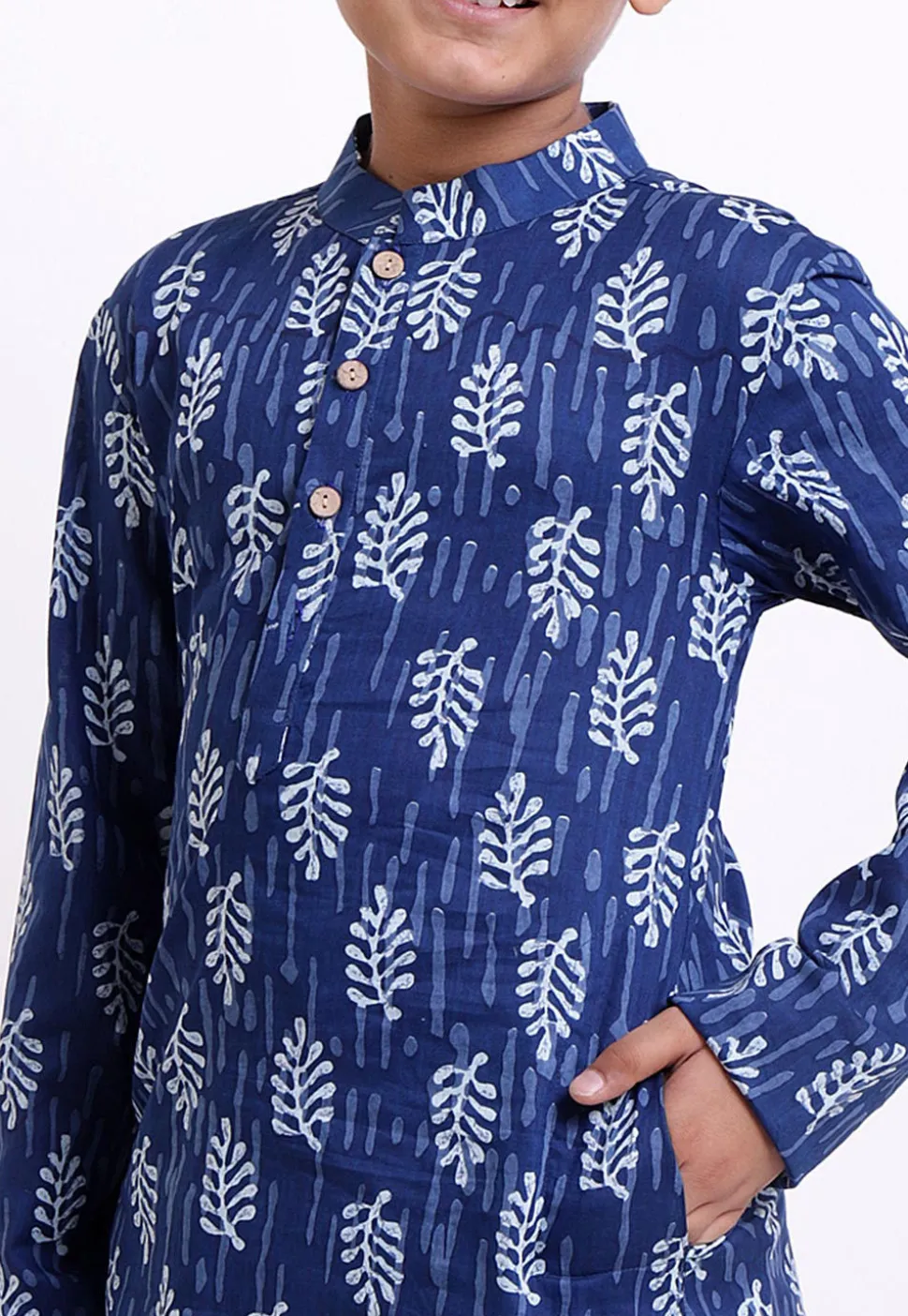 Dabu Printed Cotton Kurta Set in Indigo Blue
