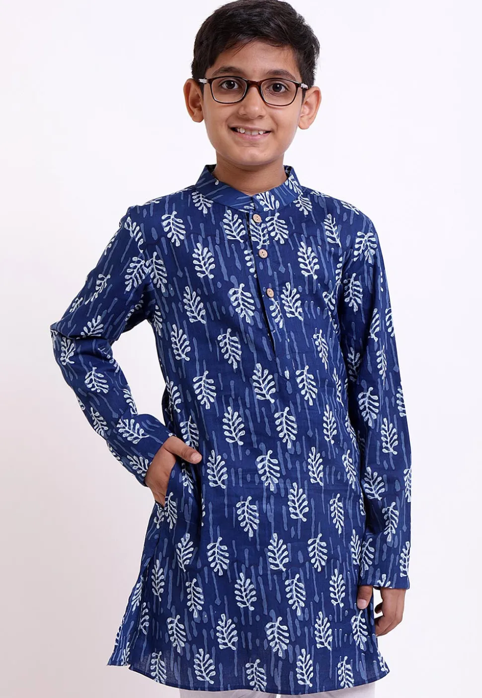 Dabu Printed Cotton Kurta in Indigo Blue