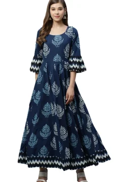 Dabu Printed Cotton Long Kurta in Navy Blue