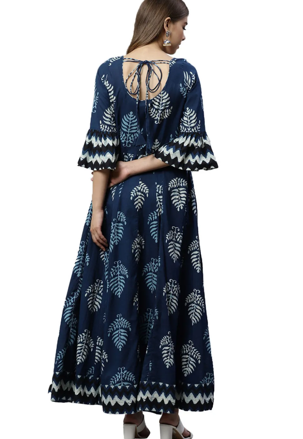Dabu Printed Cotton Long Kurta in Navy Blue