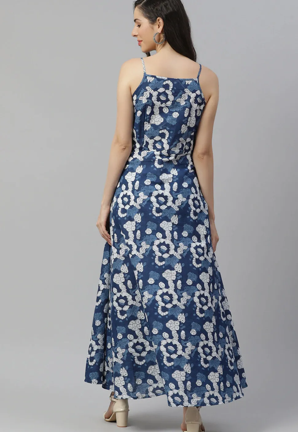 Dabu Printed Cotton Maxi Dress in Dark Blue