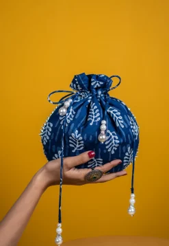 Dabu Printed Cotton Potli Bag in Blue