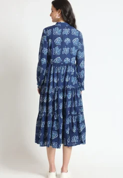 Dabu Printed Pure Cotton Tiered Midi Dress in Navy Blue