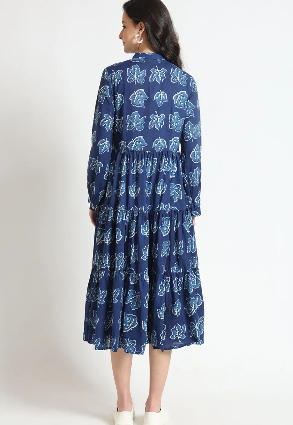 Dabu Printed Pure Cotton Tiered Midi Dress in Navy Blue