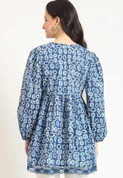 Dabu Printed Pure Cotton Tunic in Blue