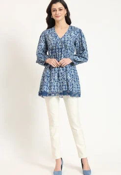 Dabu Printed Pure Cotton Tunic in Blue