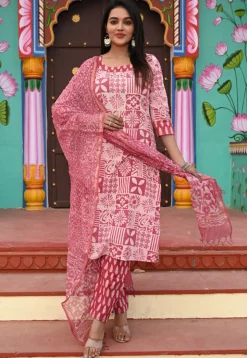 Dabu Printed Pure Cotton Pakistani Suit in Dark Pink