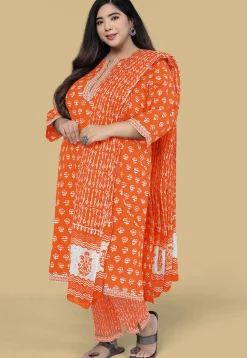 Dabu Printed Pure Cotton Pakistani Suit in Orange