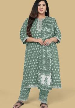 Dabu Printed Pure Cotton Pakistani Suit in Dusty Green