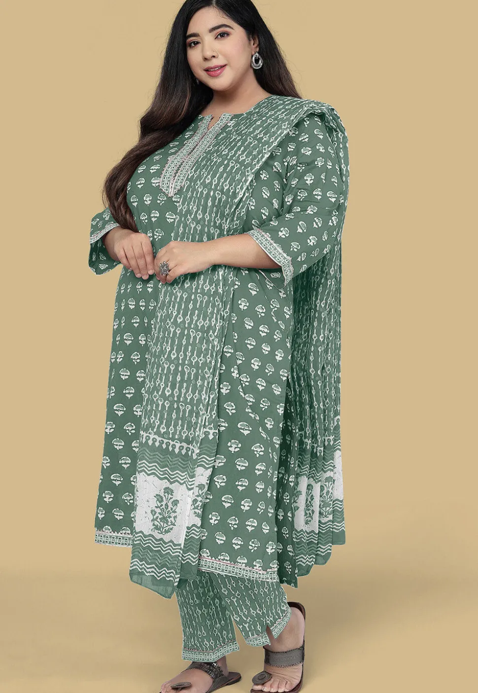 Dabu Printed Pure Cotton Pakistani Suit in Dusty Green