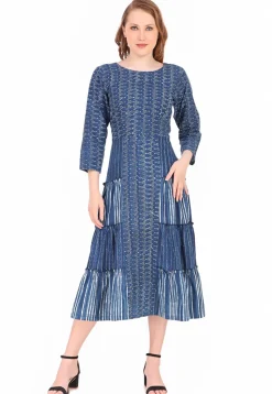 Dabu Printed Pure Cotton Midi Dress in Indigo Blue