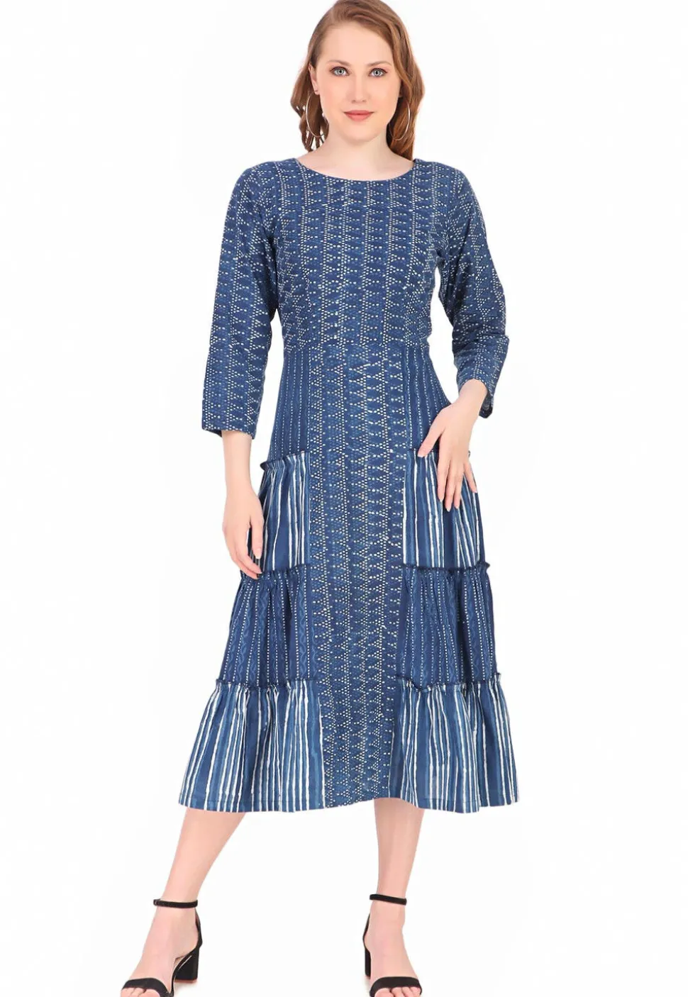 Dabu Printed Pure Cotton Midi Dress in Indigo Blue