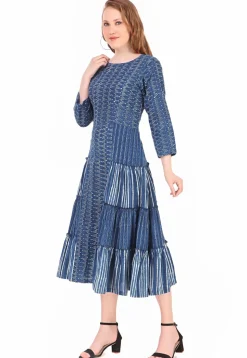 Dabu Printed Pure Cotton Midi Dress in Indigo Blue