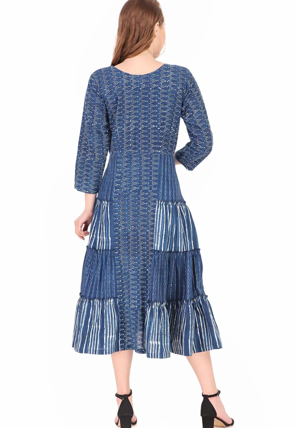 Dabu Printed Pure Cotton Midi Dress in Indigo Blue