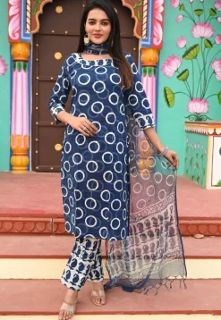 Dabu Printed Pure Cotton Pakistani Suit in Navy Blue