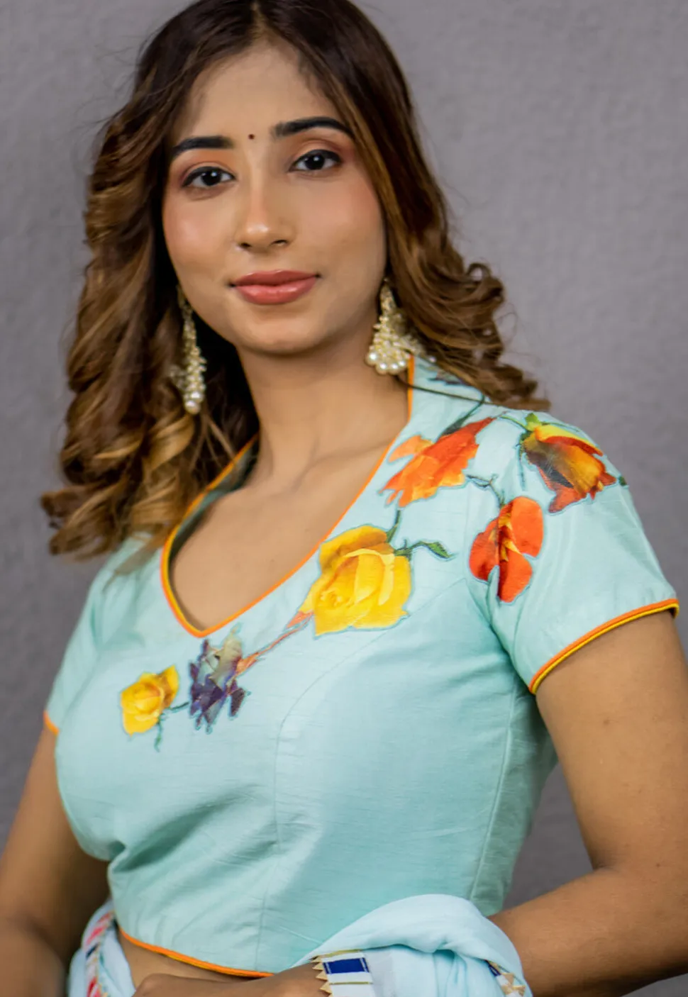 Digital Printed Art Dupion Silk Blouse in Sky Blue