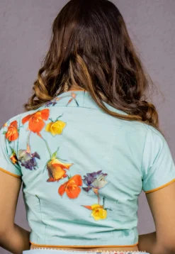 Digital Printed Art Dupion Silk Blouse in Sky Blue