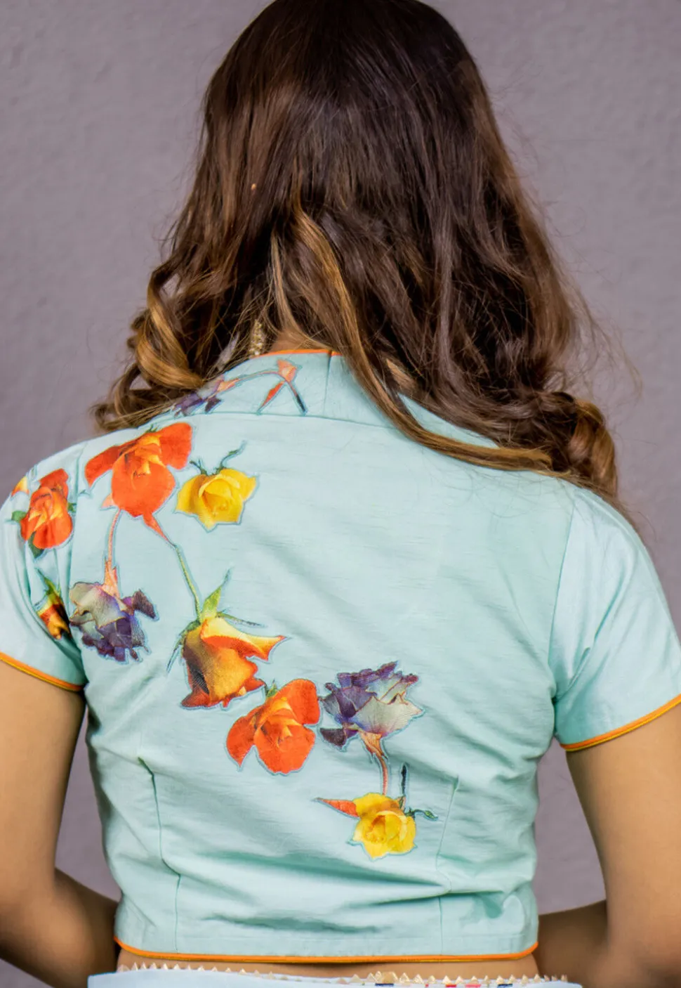 Digital Printed Art Dupion Silk Blouse in Sky Blue