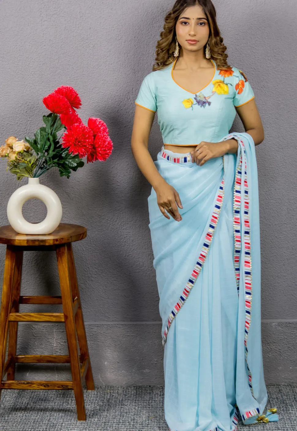 Digital Printed Art Dupion Silk Blouse in Sky Blue