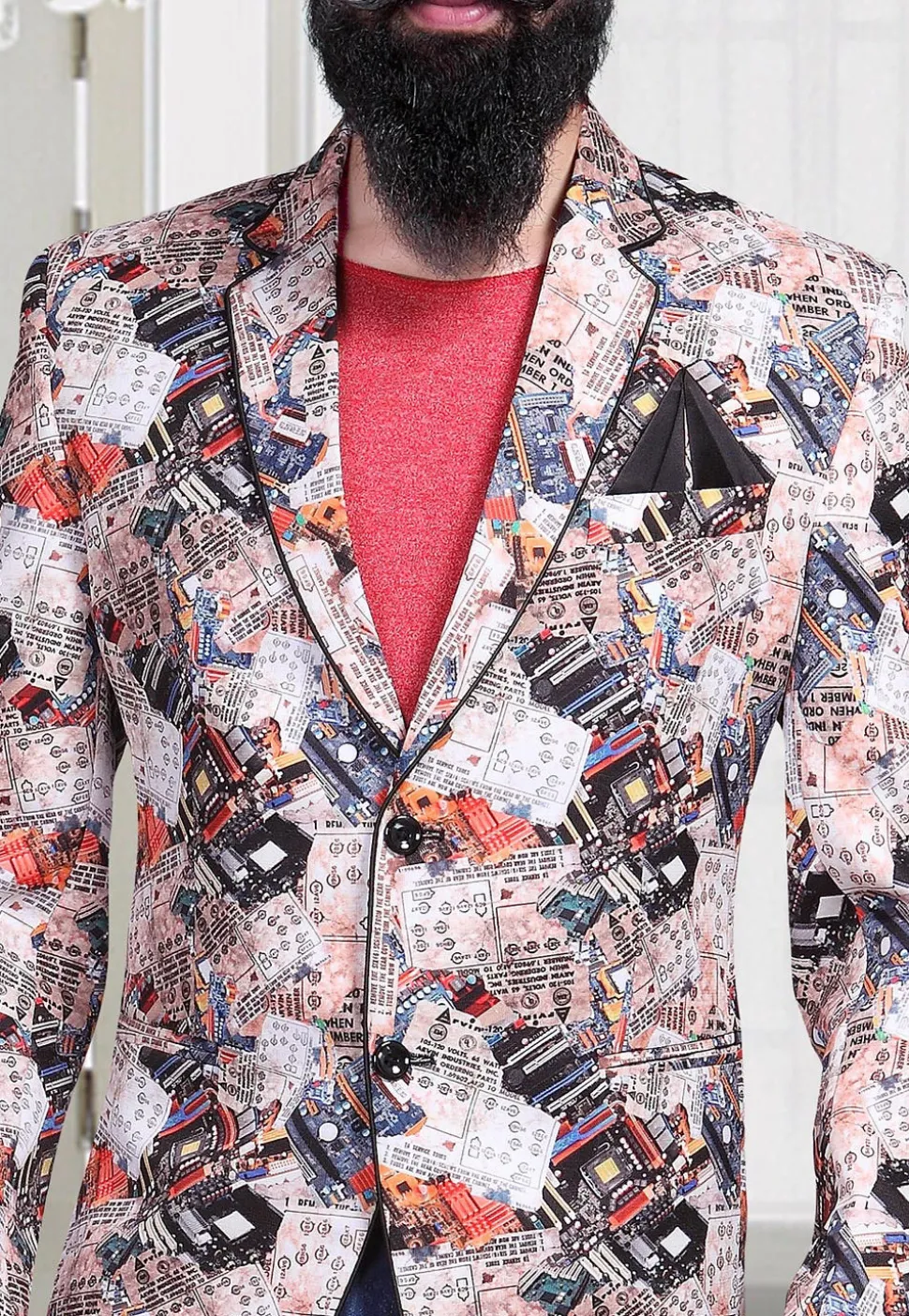Digital Printed Art Linen Silk Blazer in Cream