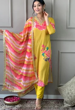 Digital Printed Art Muslin Silk Aline Suit in Yellow