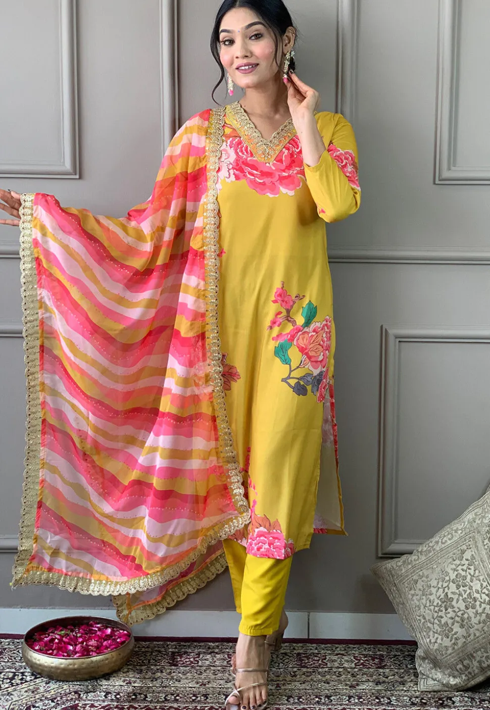 Digital Printed Art Muslin Silk Aline Suit in Yellow