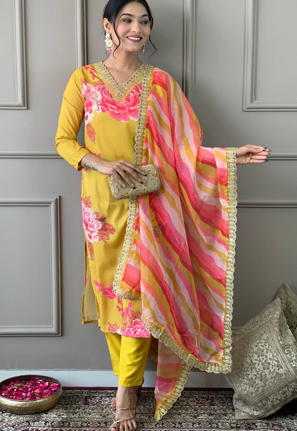 Digital Printed Art Muslin Silk Aline Suit in Yellow