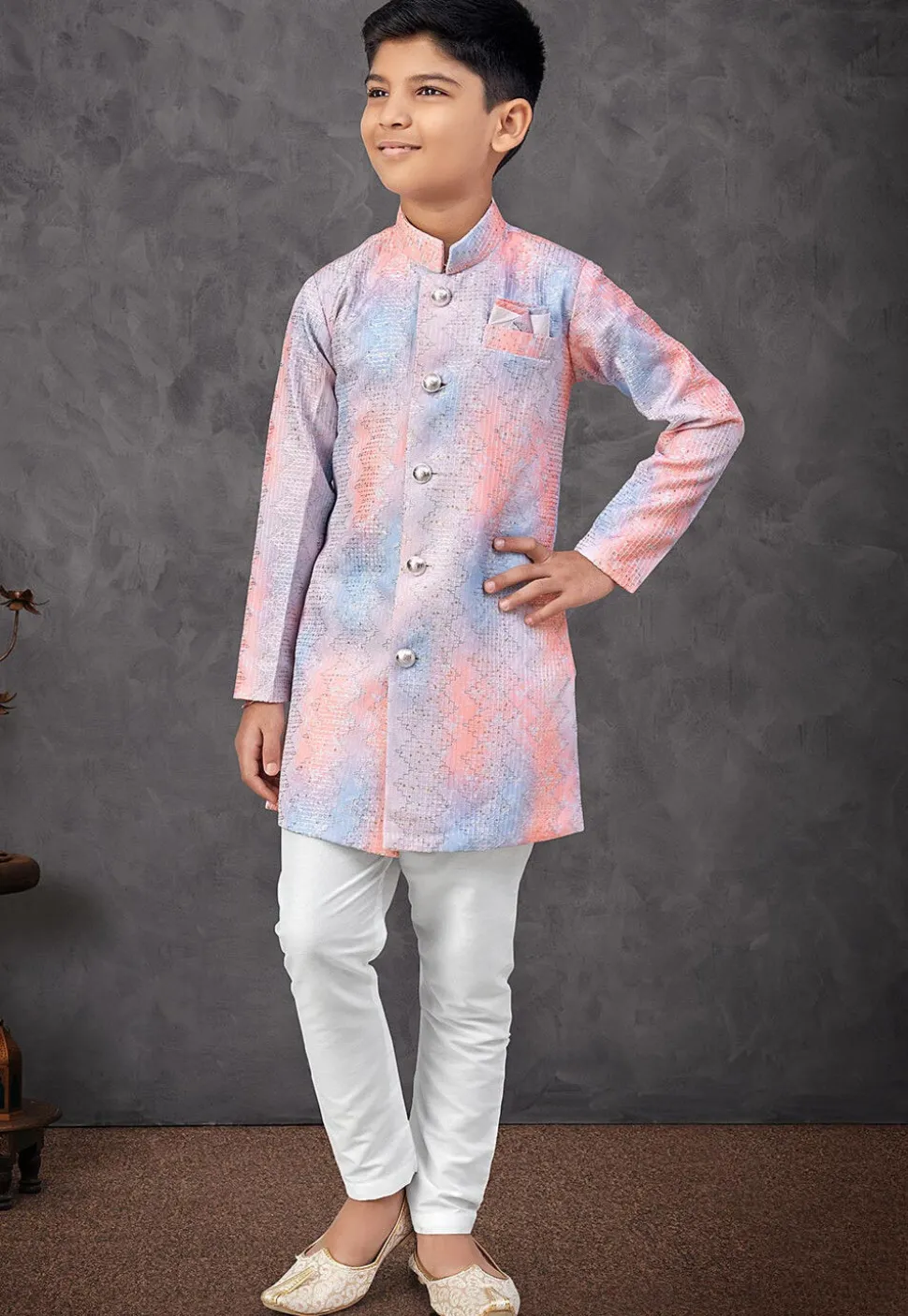 Digital Printed Art Silk Sherwani in Multicolor