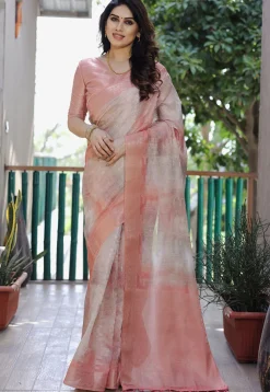 Digital Printed Art Silk Saree in Peach