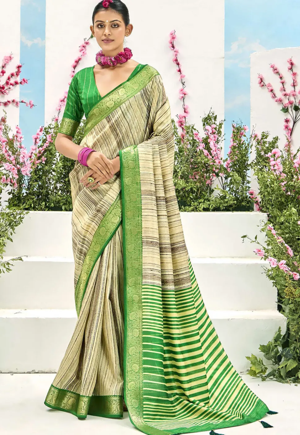 Digital Printed Art Silk Saree in Beige
