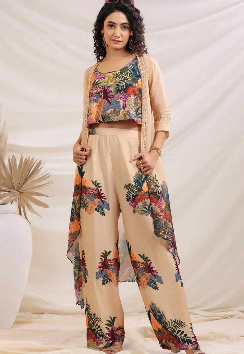 Digital Printed Art Silk Crop Top Set in Multicolor